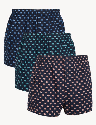 

Mens M&S Collection 3pk Pure Cotton Fish Print Woven Boxers - Navy, Navy