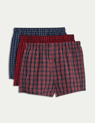 

Mens M&S Collection 3pk Pure Cotton StayNew™ Checked Boxers - Navy, Navy