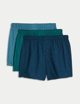 3pk Pure Cotton Fan Print Woven Boxers, M&S Collection