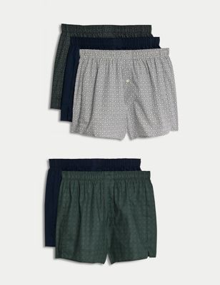 M&S Mens 5pk Pure Cotton Assorted Woven Boxers - XXL - Green Mix, Green Mix
