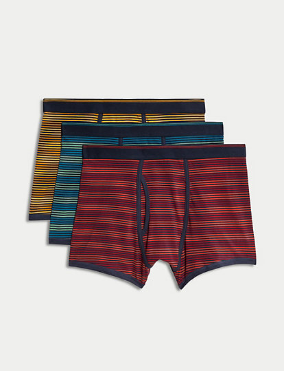 M&S Collection 3Pk Cotton Rich Cool & Fresh™ Striped Trunks - Red, Red