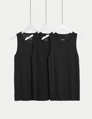 Marks And Spencer Mens M&S Collection 3pk Pure Cotton Sleeveless Vests - Black, Black