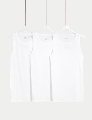 M&S Mens 3pk Essential Cotton Sleeveless Vests - M - White, White