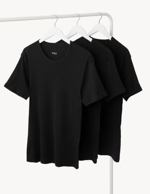 Marks And Spencer Mens M&S Collection 3pk Pure Cotton T-Shirt Vests - Black, Black