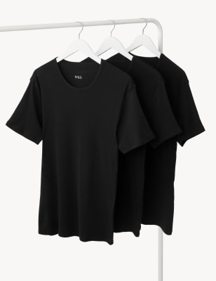 Marks And Spencer Mens M&S Collection 3pk Pure Cotton T-Shirt Vests - Black