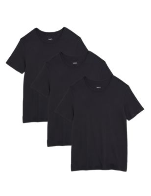 Mens M&S Collection 3pk Pure Cotton T-Shirt Vests - Black