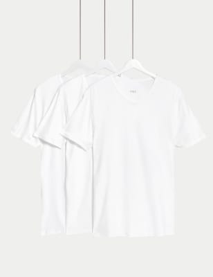 M&S Men's 3pk Essential Cotton V-Neck T-Shirt Vests - X - White, White