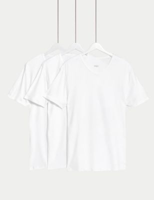 M&S Mens 3pk Essential Cotton V-Neck T-Shirt Vests - X - White, White