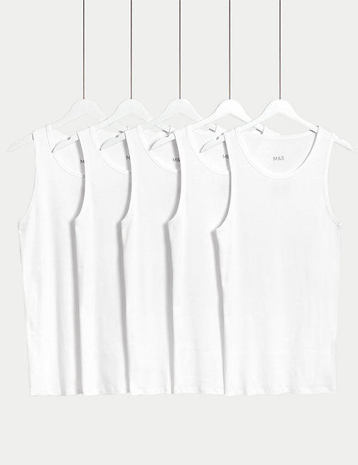 Marks And Spencer Mens M&S Collection 5pk Pure Cotton Sleeveless Vests - White, White