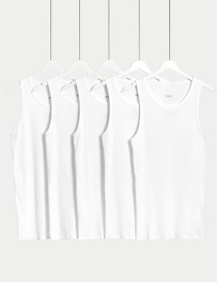 M&S Mens 5pk Essential Cotton Sleeveless Vests - White, White