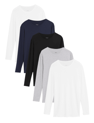 

M&S Collection Pack de 5 camisetas de manga larga 100% algodónMens - Multi, Multi