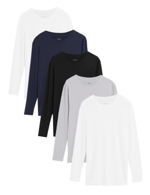 

Mens M&S Collection 5pk Pure Cotton Long Sleeve T-Shirt Vests - Multi, Multi