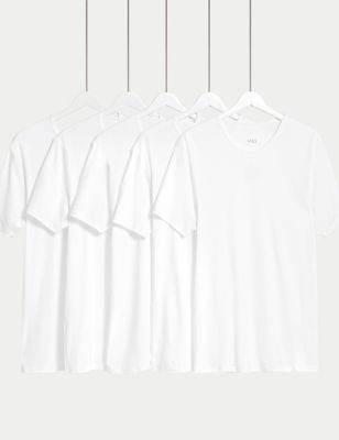 M&S Mens 5pk Essential Cotton T-Shirt Vests - M - White, White