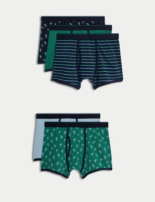 M&S Mens 5pk Cool & Fresh Cotton Rich Assorted Trunks - M - Green Mix, Green Mix