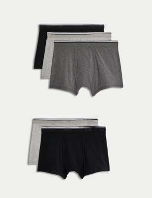 M&S Men's 5pk Cotton Stretch Cool & Fresh Marl Trunks - Grey Mix, Grey Mix,Blue Mix