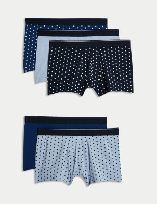 M&S Mens 5pk Cotton Rich Polka Dot Print Hipsters - Blue Mix, Blue Mix,Black Mix