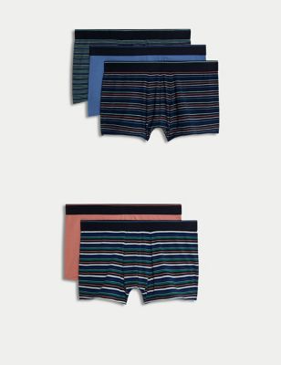 M&S Mens 5pk Cotton Rich Stretch Cool & Fresh Striped Hipsters - Navy Mix, Navy Mix