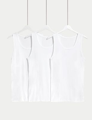 M&S Men's 3pk Pure Cotton Sleeveless Vests - White, White