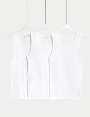 M&S Men's 3pk Pure Cotton Sleeveless Vests - White, White