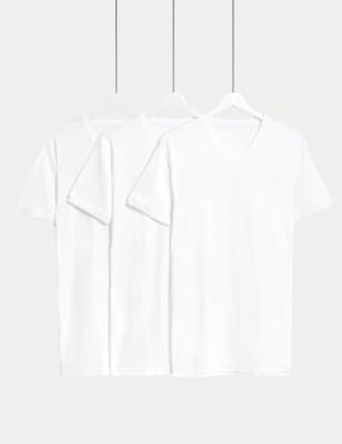 Marks And Spencer Mens M&S Collection 3pk Pure Cotton V-Neck T-Shirt Vests - White, White