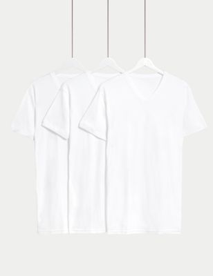 M&S Mens 3pk Pure Cotton V-Neck T-Shirt Vests - White, White