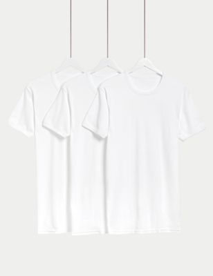 M&S Men's 3pk Pure Cotton T-Shirt Vests - White, White