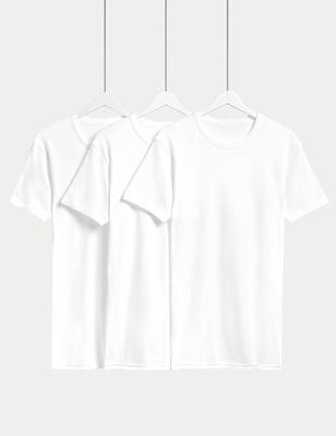 M&S Men's 3pk Pure Cotton T-Shirt Vests - White, White