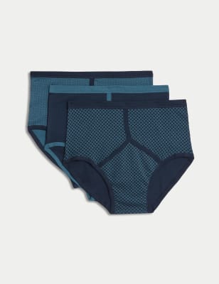 M&S Mens 3pk Pure Cotton Assorted Pattern Briefs - M - Navy Mix, Navy Mix