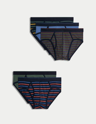 M&S Mens 5pk Cotton Rich Cool & Fresh Striped Briefs - M - Multi, Multi