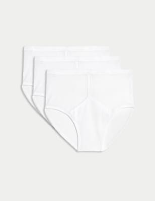 M&S Men's 3pk Pure Cotton StayNew Mesh Briefs - White, White