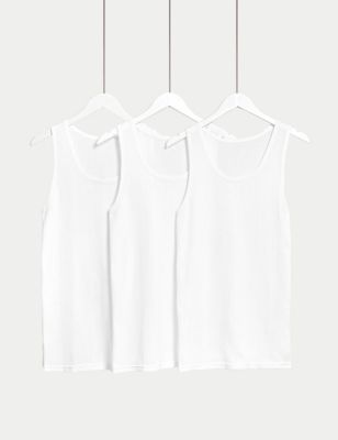 M&S Mens 3pk Pure Cotton Classic Sleeveless Mesh Vests - White, White