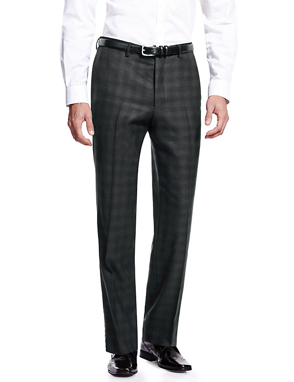 Pure Wool Flat Front Checked Trousers - QA