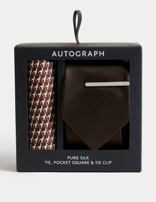 

Mens Autograph Set aus Krawatte, Einstecktuch und Anstecknadel mit Muster - Braun Melange, Braun Melange