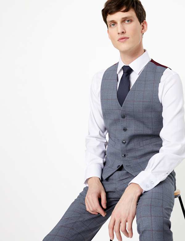 Blue Checked Slim Fit Waistcoat