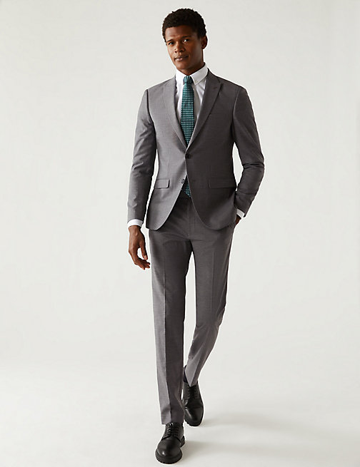 Marks And Spencer Mens M&S Collection Skinny Fit Sharkskin Jacket with Stretch - Silver Grey