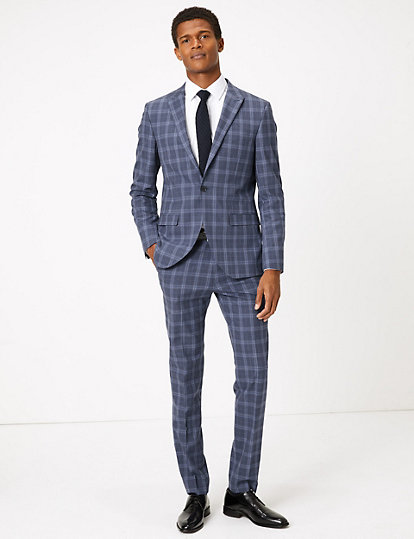 Blue Skinny Fit Checked Jacket