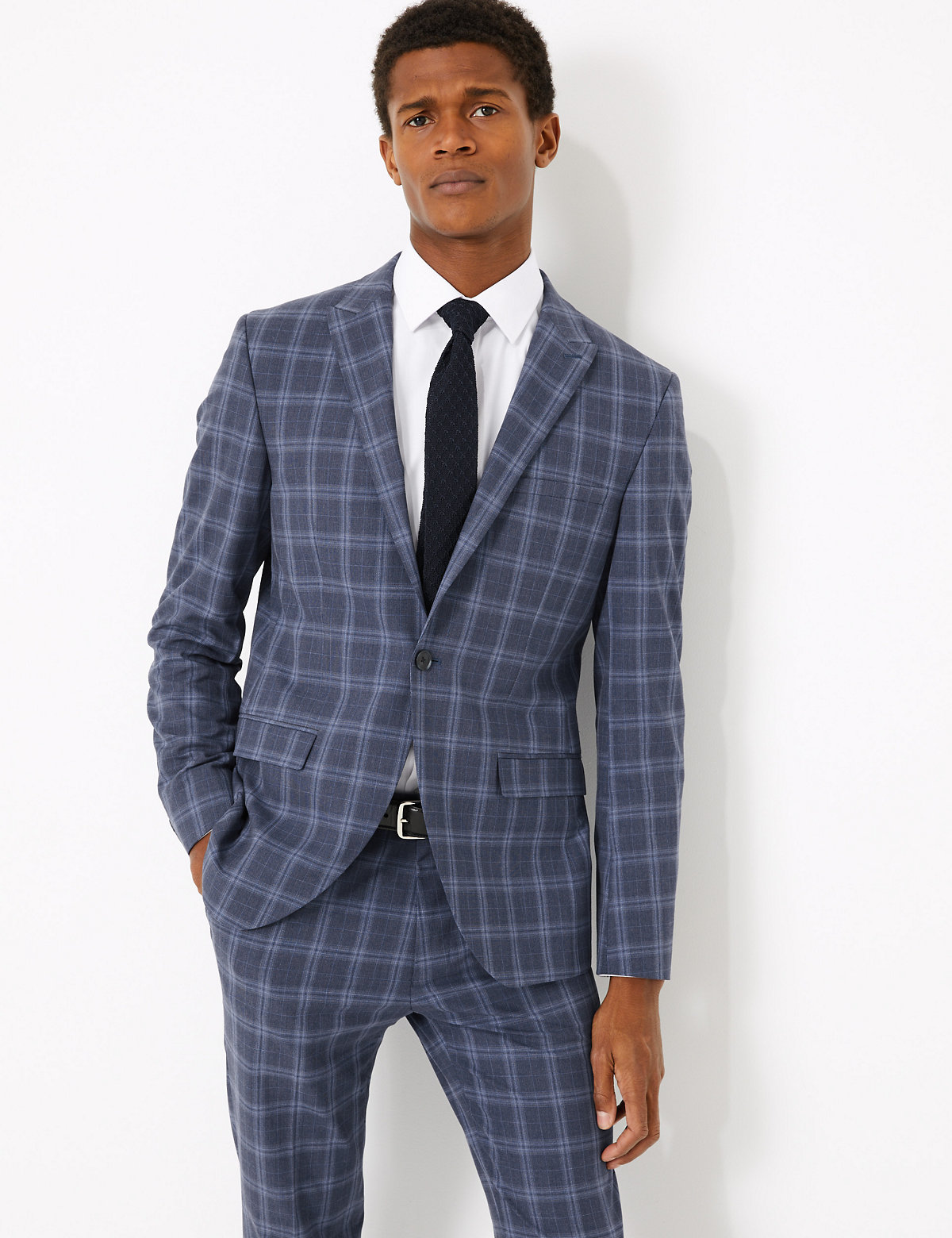 Blue Skinny Fit Checked Suit Jacket