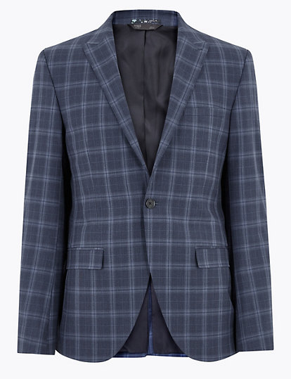 Blue Skinny Fit Checked Suit Jacket