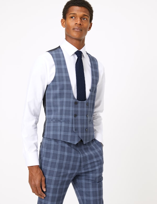 Blue Skinny Fit Checked Waistcoat