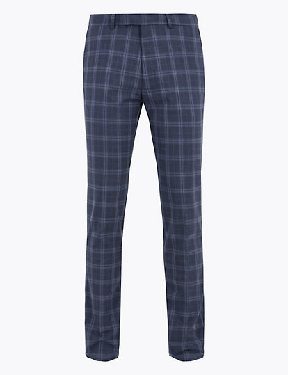 Blue Skinny Fit Checked Suit Trousers