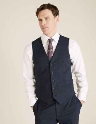 

Mens M&S Collection Blue Brown Check Waistcoat, Blue