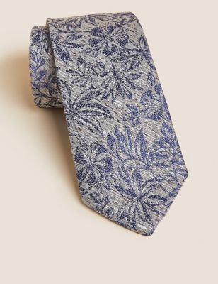 Mens M&S Collection Slim Textured Palm Tree Print Tie - Natural Mix, Natural Mix