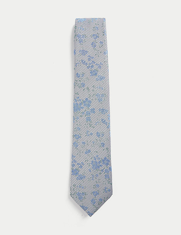 ربطة عنق مخططة من الحرير الصافي بنقشة زهور - QA