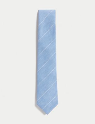 M&S Men's Linen Rich Striped Tie - Light Blue, Light Blue,Soft Pink