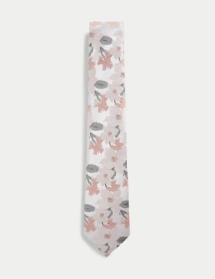 M&S Men's Printed Floral Pure Silk Tie - Pale Pink, Pale Pink,Pale Blue
