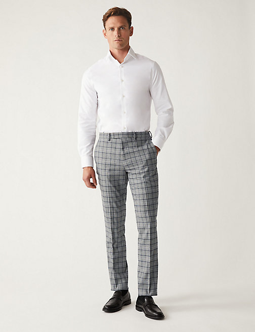 Marks And Spencer Mens M&S Collection Slim Fit Check Trousers with Stretch - Grey Mix, Grey Mix