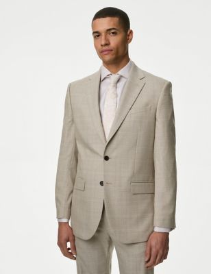 M&S Mens Regular Fit Check Stretch Suit Jacket - 40LNG - Neutral, Neutral