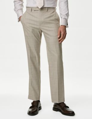 M&S Mens Regular Fit Check Stretch Suit Trousers - 34LNG - Neutral, Neutral