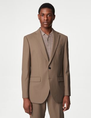 M&S Mens Slim Fit Stretch Suit Jacket - 34REG - Light Brown, Light Brown,Ecru