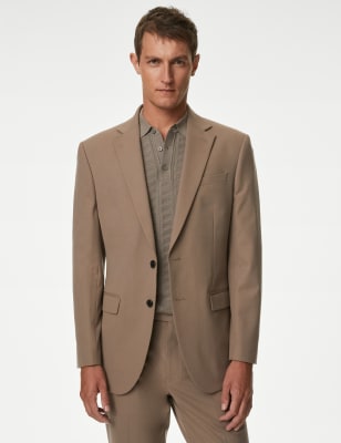 M&S Men's Regular Fit Plain Stretch Suit Jacket - 44SHT - Light Brown, Light Brown